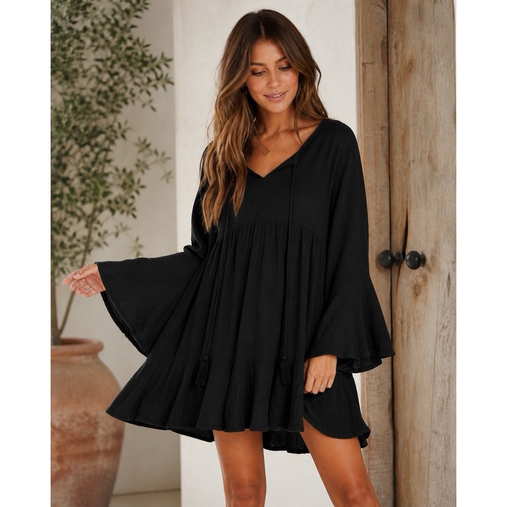 Umgee Black Boho Tunic Dress Small Bell Sleeve Tassel Tie Flowy Babydoll Mini